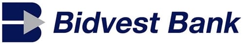 Bidvest Bank logo with a stylized blue "B" and gray arrow, followed by the company name "Bidvest Bank" in bold, dark blue font on a white background.