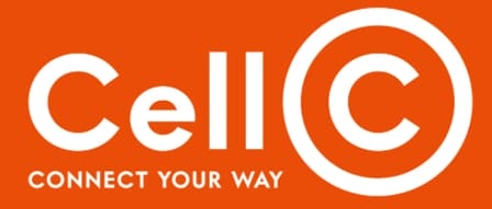 Cell C logo on an orange background. "Cell" is in large white letters, with a big circled "C" to the right. Below, smaller white text reads: "CONNECT YOUR WAY.