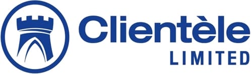 Blue Clientèle Limited logo with a stylized castle tower in a circle on the left, followed by the word "Clientèle" in bold blue letters, and "LIMITED" in uppercase blue text below and to the right. White background.