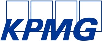 The KPMG logo features bold blue letters “KPMG” with four blue outlined rectangles above the text, set against a white background.