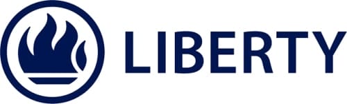 A blue logo showing a stylized flame in a circle next to the word "LIBERTY" in bold, uppercase letters, all on a white background.