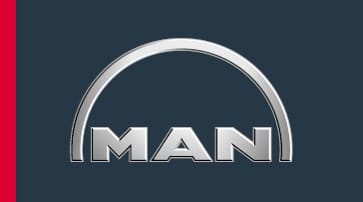The MAN logo features bold, metallic silver “MAN” letters under a silver arch, set against a dark blue background with a vertical red stripe along the left edge.