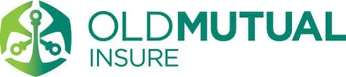 Old Mutual Insure logo features a green hexagon with white images of hands holding keys and anchor, next to "OLD MUTUAL INSURE" in bold green gradient text on a white background.