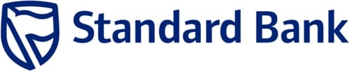The image shows the Standard Bank logo: a blue shield emblem with abstract white lines on the left, followed by the words "Standard Bank" in bold blue letters on a white background.