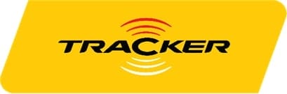 Tracker logo on a yellow background with bold black text reading “TRACKER.” Three red arcs above the text and three white arcs below represent signal waves. The background is a slanted rectangle with curved corners. Total: 206 characters.