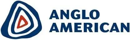 The Anglo American logo features a blue, irregular triangular shape with concentric white and blue outlines and a red triangle in the center. To the right, "ANGLO AMERICAN" is written in bold, blue uppercase letters.
