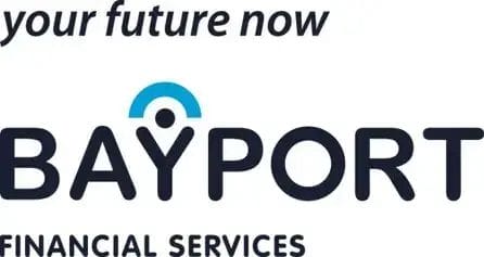 Bayport Financial Services logo. Text reads “your future now” above “BAYPORT,” with a blue arc over the “Y.” Below is “FINANCIAL SERVICES” in smaller letters. The design is clean and modern, using bold and simple fonts with a blue and black color scheme.