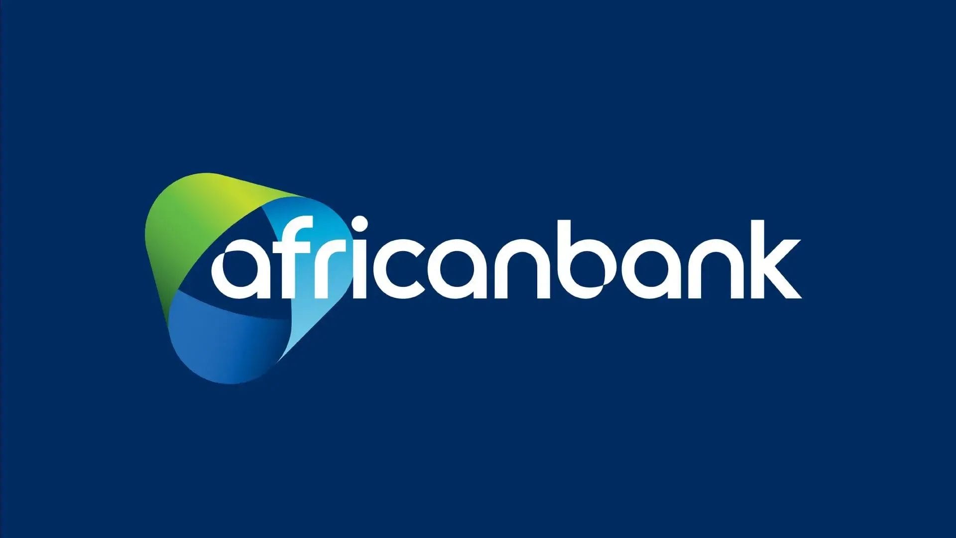 African Bank logo on a dark blue background. The logo features overlapping ribbon-like shapes in green and blue, forming a circular design on the left. The word “africanbank” is written in lowercase, bold, white sans-serif letters to the right of the logo.