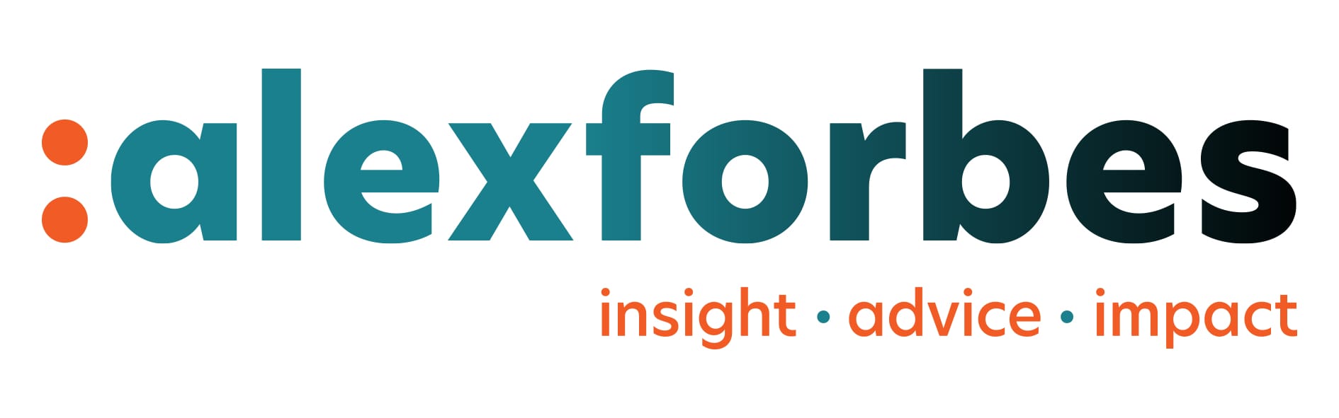 The alexforbes logo with “alexforbes” in bold teal and black letters reflects a professional, corporate voice designed to inspire confidence in clients. Three orange dots and the words “insight • advice • impact” appear below, each word separated by an orange dot. The background is white.
