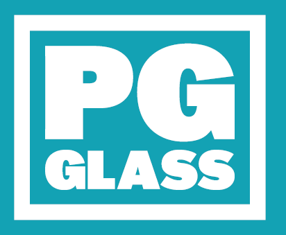 White text "PG GLASS" in bold, all caps font is centered on a teal background with a white rectangular border. "PG" appears above "GLASS," and the letters are large, solid, and easy to read.