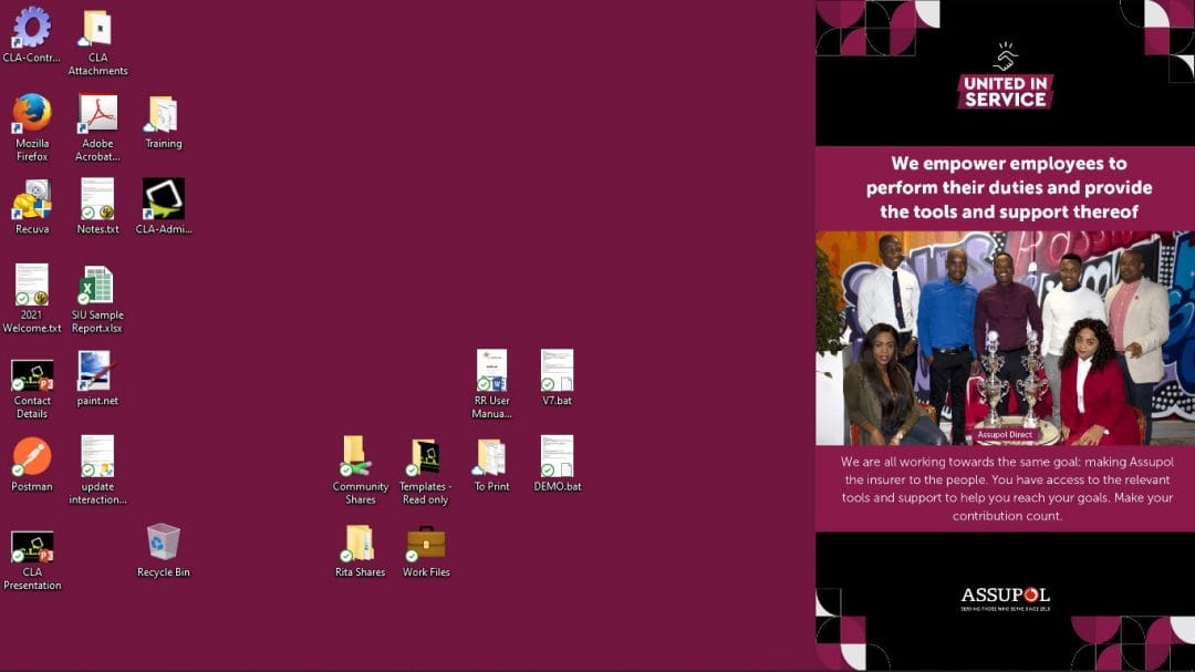A computer desktop with maroon background, icons on the left, and a sidebar on the right showing people in formal attire and text: “We empower employees to perform their duties and provide the tools and support.” This setup highlights an effective corporate communications tool for seamless workplace interaction. ASSUPOL logo at the bottom.