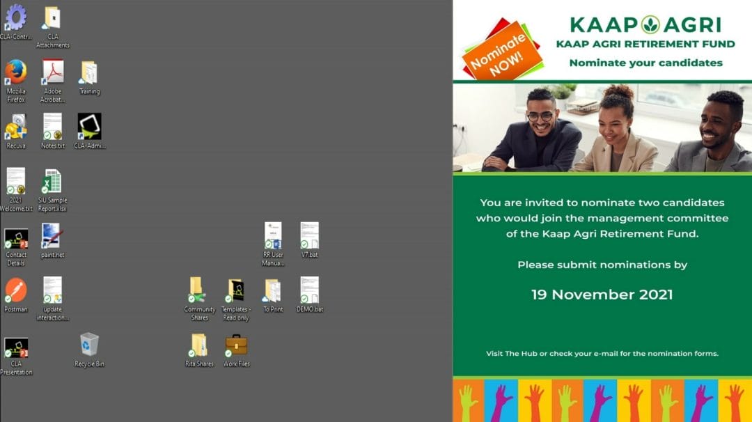A computer desktop shows icons on the left. On the right is a green poster inviting nominations for the Kaap Agri Retirement Fund’s management committee, with a deadline of 19 November 2021 and a photo of two people smiling, showcasing how effective corporate communications software can be for sharing important announcements within an organization.