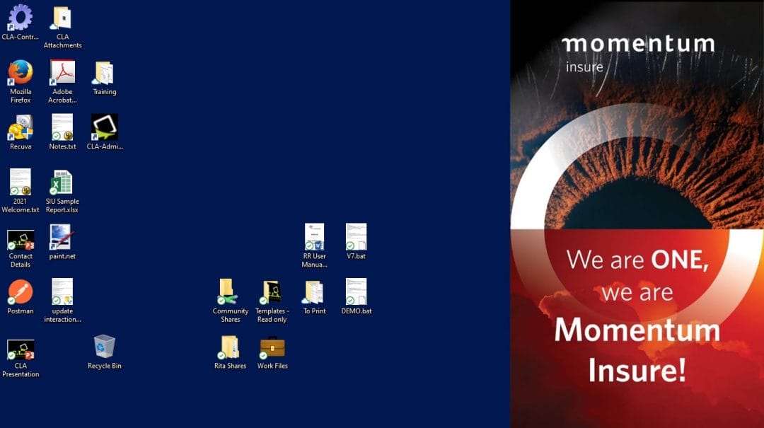 A computer desktop with various icons on the left and center, and a large Momentum Insure promotional graphic on the right, displaying “We are ONE, we are Momentum Insure” with a close-up of an eye in a red, white, and black color scheme—an effective use of a corporate communications tool to deliver impactful messaging directly to employees.