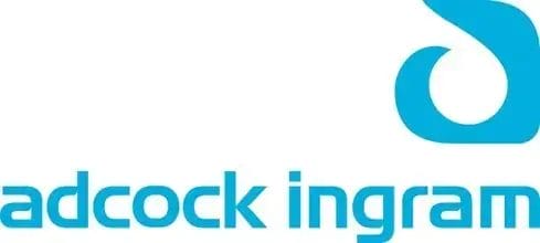 The image shows the Adcock Ingram logo, featuring a stylized blue icon resembling a lowercase "a" above the company name "adcock ingram" written in lowercase blue letters on a white background.