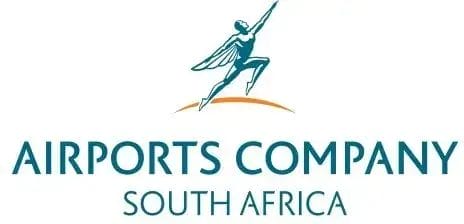 Logo of Airports Company South Africa. Above the text, a stylized figure with wings runs and reaches upward, with an orange arc beneath the figure. The words "AIRPORTS COMPANY SOUTH AFRICA" appear in blue-green below.