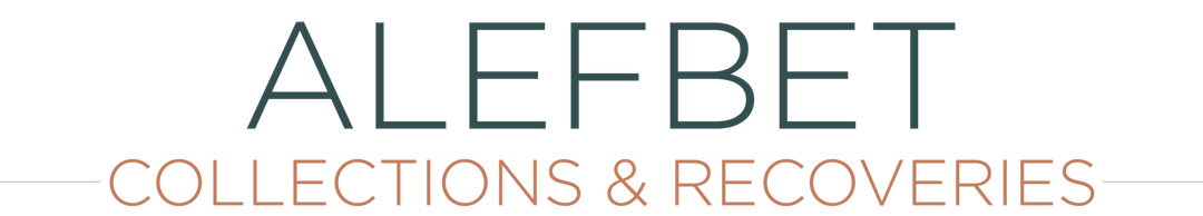 Text logo on a light background reads "ALEFBET" in large green letters, with "COLLECTIONS & RECOVERIES" below in smaller, uppercase, orange letters underlined by a thin orange line.