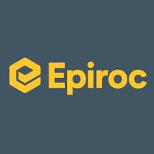 Epiroc logo on a dark gray background. Yellow hexagon with stylized "E" to the left of the yellow text "Epiroc" in a bold, modern font.