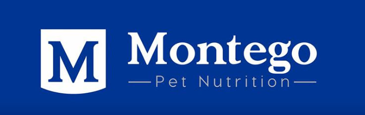 Montego Pet Nutrition logo on a blue background. A white shield with a bold blue "M" is on the left; "Montego" in large white font and "Pet Nutrition" in smaller white letters with lines on either side.