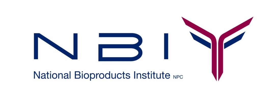 NBI logo with blue text: "NBI" and "National Bioproducts Institute NPC". A stylized burgundy and blue abstract symbol appears to the right of the text on a white background.