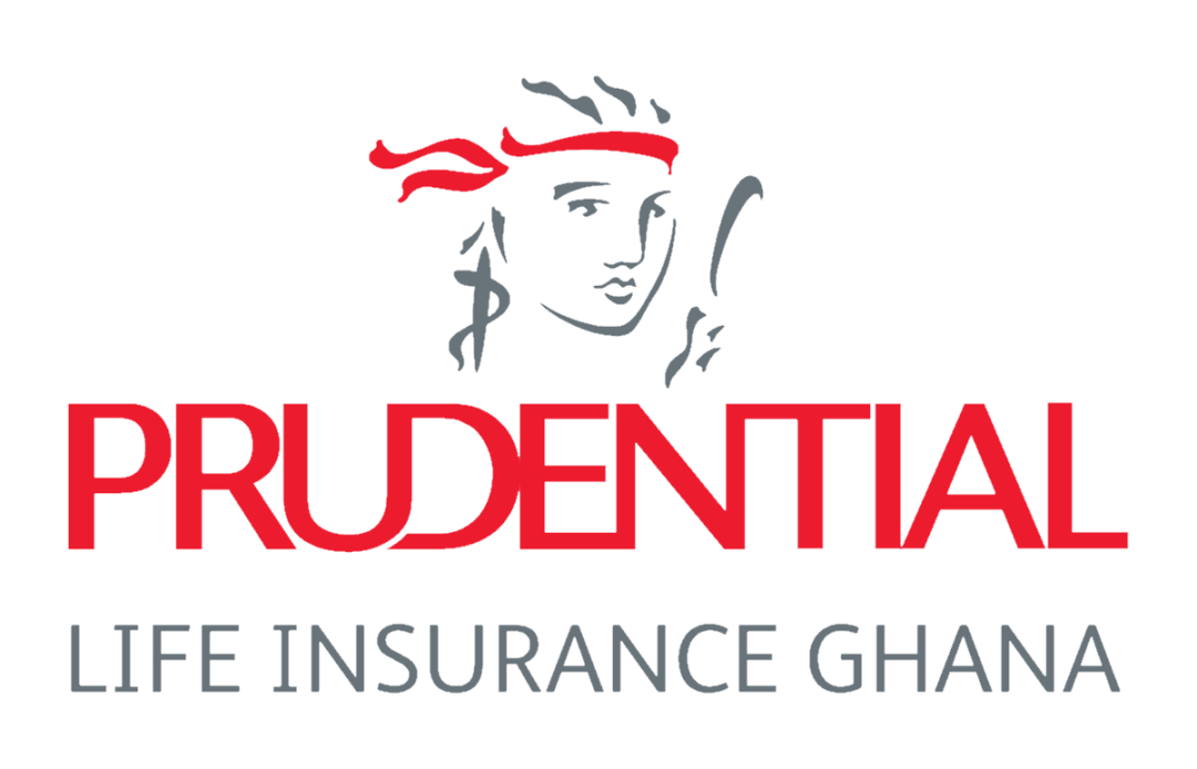 A stylized gray outline of a woman's face with a red headband appears above the words "PRUDENTIAL" in bold red letters and "LIFE INSURANCE GHANA" below in gray. The design is clean and professional.