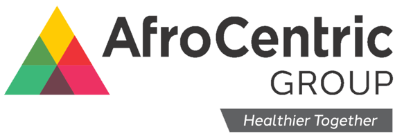 AfroCentric Group logo with a colorful triangle made of red, green, yellow, and teal segments. The words “AfroCentric GROUP” are to the right, reflecting a corporate voice that resonates with clients. Beneath, a gray banner reads “Healthier Together.”.