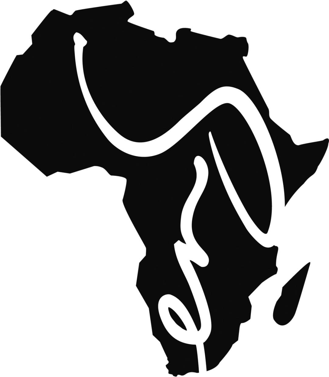 A black silhouette of the African continent features a thick, white, curved line running through it, resembling a stylized snake—looping in the southeast region and extending towards Madagascar—creating a distinctive visual identity well-suited for corporate voice clients seeking bold and memorable branding.