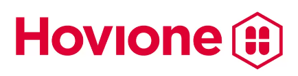 The image shows the word "Hovione" in bold red letters, projecting a strong corporate voice. To the right, there is a red hexagon outline containing a plus sign created from four pill shapes inside, also in red. The background is white, conveying clarity and professionalism to clients.