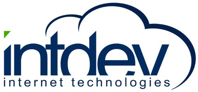 Logo with bold blue text: "intdev" (the 'i' has a green dot), "internet technologies" below in smaller letters. A blue cloud graphic outlines the top half of the logo, suggesting a focus on cloud technologies or online services designed for corporate voice clients.