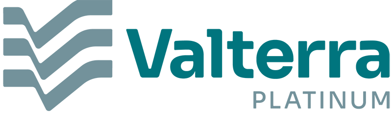 Turquoise and gray logo with four stacked checkmark shapes on the left, reflecting a sense of trust for corporate voice clients. To the right, bold turquoise text reads "Valterra," and gray text below reads "PLATINUM." Background is light gray.