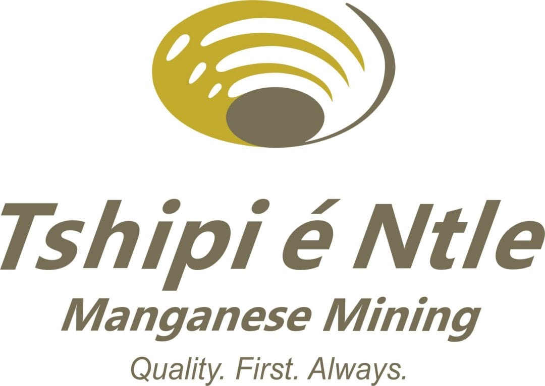 A golden and brown abstract swirl logo above the text "Tshipi é Ntle Manganese Mining" in bold font. Below, in smaller letters, it reads, "Quality. First. Always." The overall design is clean with a mining theme, projecting a professional image tailored for corporate voice clients.