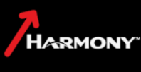 A large red arrow pointing up and left appears above the word "HARMONY" in bold white text on a black background. The letter "A" in "HARMONY" features a curved line through its middle.