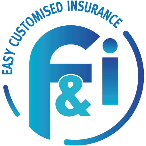Blue gradient logo with large "F & i" in the center, surrounded by a semicircular line. Text above reads "EASY CUSTOMISED INSURANCE" in blue, following the curve of the line. Background is white.