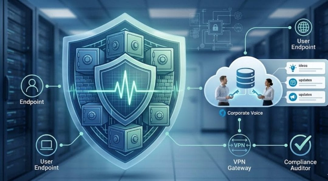 The Role of Employee Engagement Software in Scaling Large Enterprise Communications 2 A high-tech IT server room overlayed with a digital shield icon representing secure employee engagement software integration.