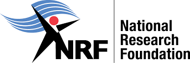 A black abstract figure with a red circle head and blue curved lines behind, next to bold letters "NRF." To the right, the text reads "National Research Foundation" in black, aligned vertically—conveying a professional image that resonates with corporate voice clients.