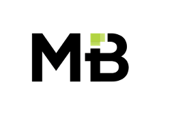 Black letters "M" and "B" are on a light gray background. The "B" has a small green square above its top left curve, creating a modern, geometric design that connects the two letters visually and conveys a sense of professionalism suited for corporate voice clients.