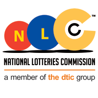 Logo with three overlapping circles: red with "N", blue with "L", and a large yellow with "C". Text: "National Lotteries Commission, a member of the dtic group". "the dtic" is in orange, other text in black. Clean, bold design, reflecting a corporate voice and instilling confidence in clients.